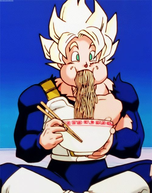 Goku, en Super Saiyan, qui engloutit un bol de nouilles d'un seul coup