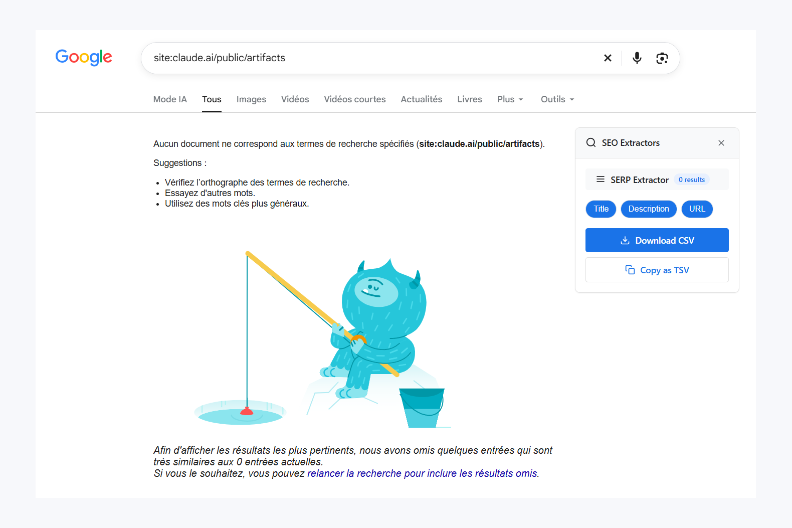 Page de résultats Google pour site:claude.ai/public/artifacts : aucun document ne correspond, et l'extension d'extraction affiche 0 résultat