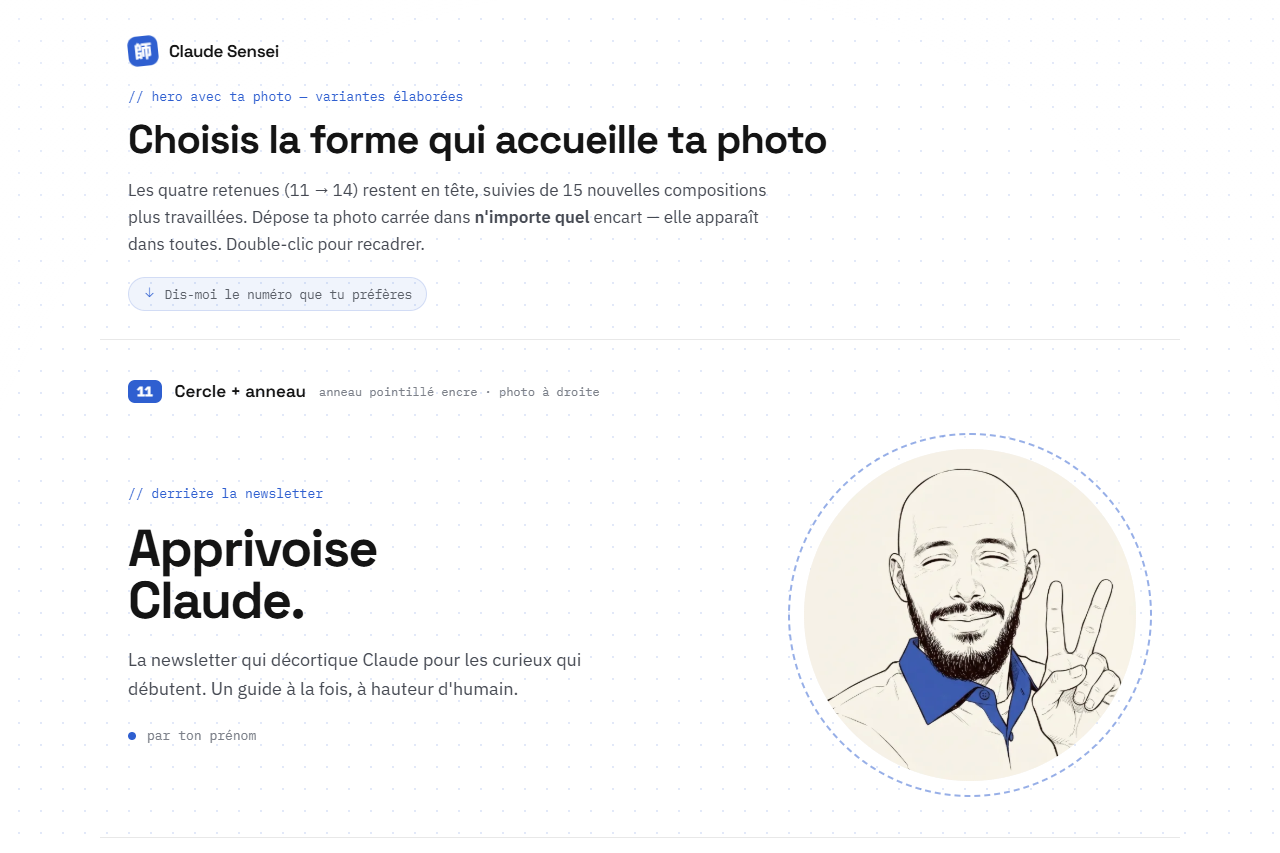 Une page du canvas Claude Design : les variantes numérotées du portrait, à choisir en répondant par un numéro