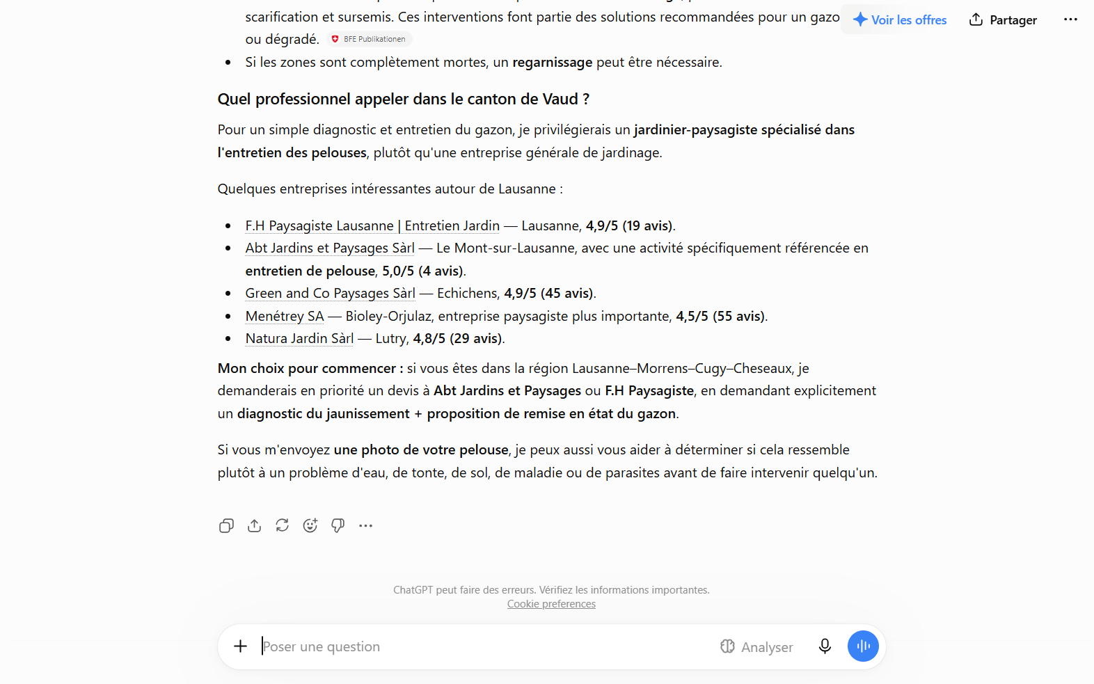 Réponse de ChatGPT à une question sur l'entretien de pelouse dans le canton de Vaud : cinq entreprises paysagistes locales citées avec leur note et leur nombre d'avis