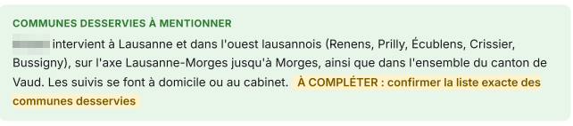 Champ « À compléter » du fichier de recommandations : le client doit confirmer la liste exacte des communes desservies, nom de l'entreprise masqué