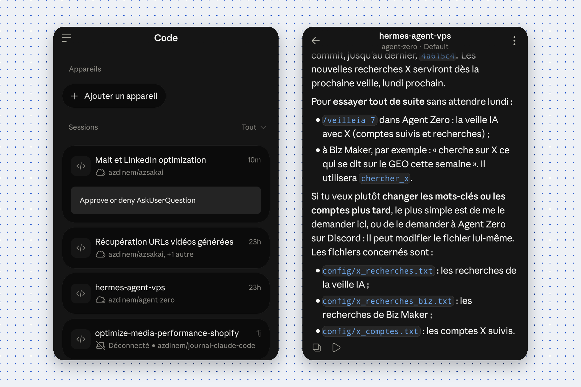 À gauche, mes sessions Claude Code vues depuis mon téléphone ; à droite, une session sur mon serveur pilotée à distance