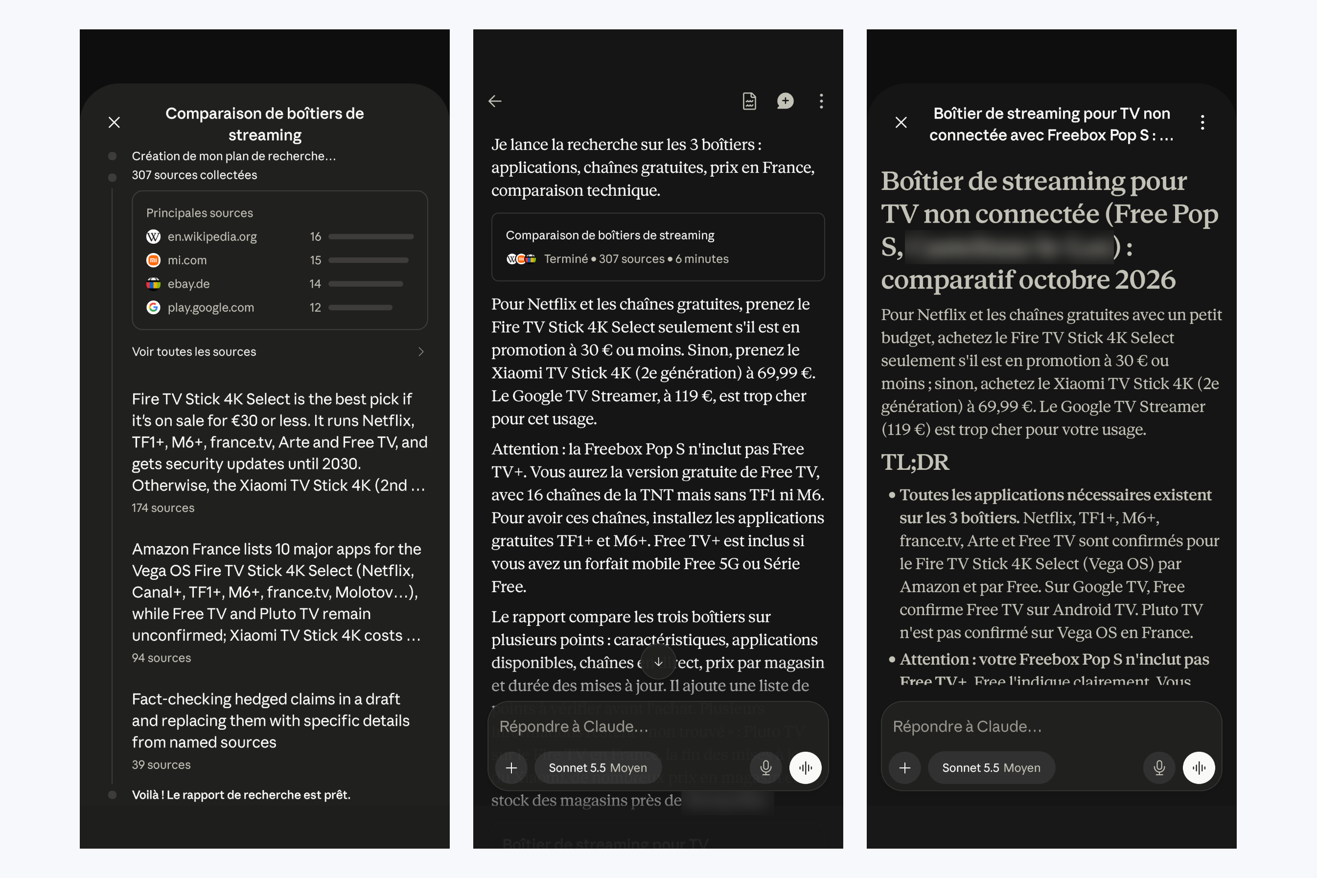 Trois captures de l'application mobile : la recherche en cours avec 307 sources collectées, la carte Terminé avec 307 sources en 6 minutes suivie de la recommandation, puis le début du rapport comparatif